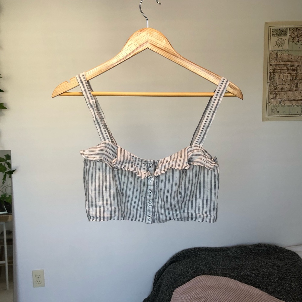 Striped ruffle button up crop top tank